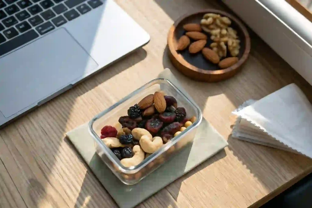 A casual afternoon snack with a glass container of dried fruits and nuts on a wooden desk, with soft natural light and a hint of a closed laptop nearby.