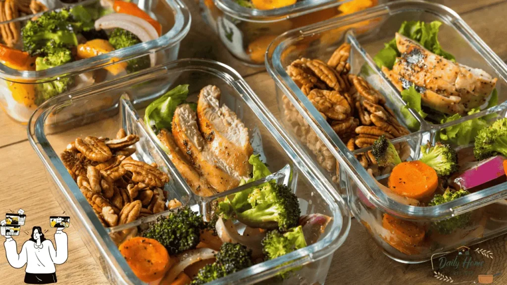 Glass meal prep containers filled with grilled chicken breast, roasted vegetables like broccoli and carrots, and a serving of pecans, arranged neatly on a wooden surface.