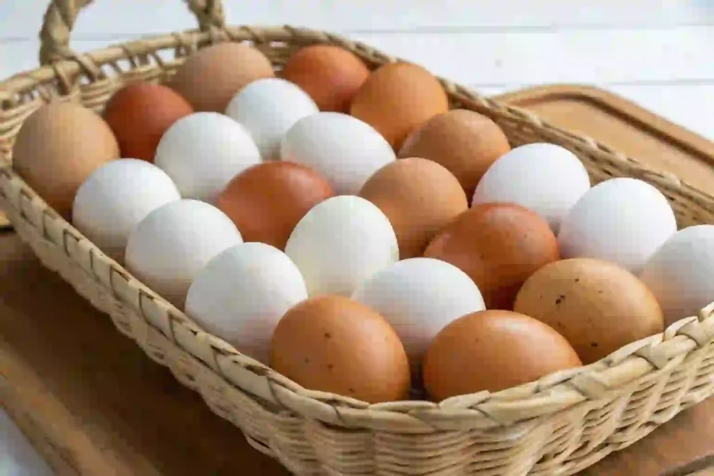 Basket of white and brown eggs on a wooden tray
