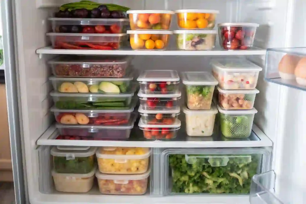 “Organized refrigerator filled with neatly stored leftovers in transparent containers”