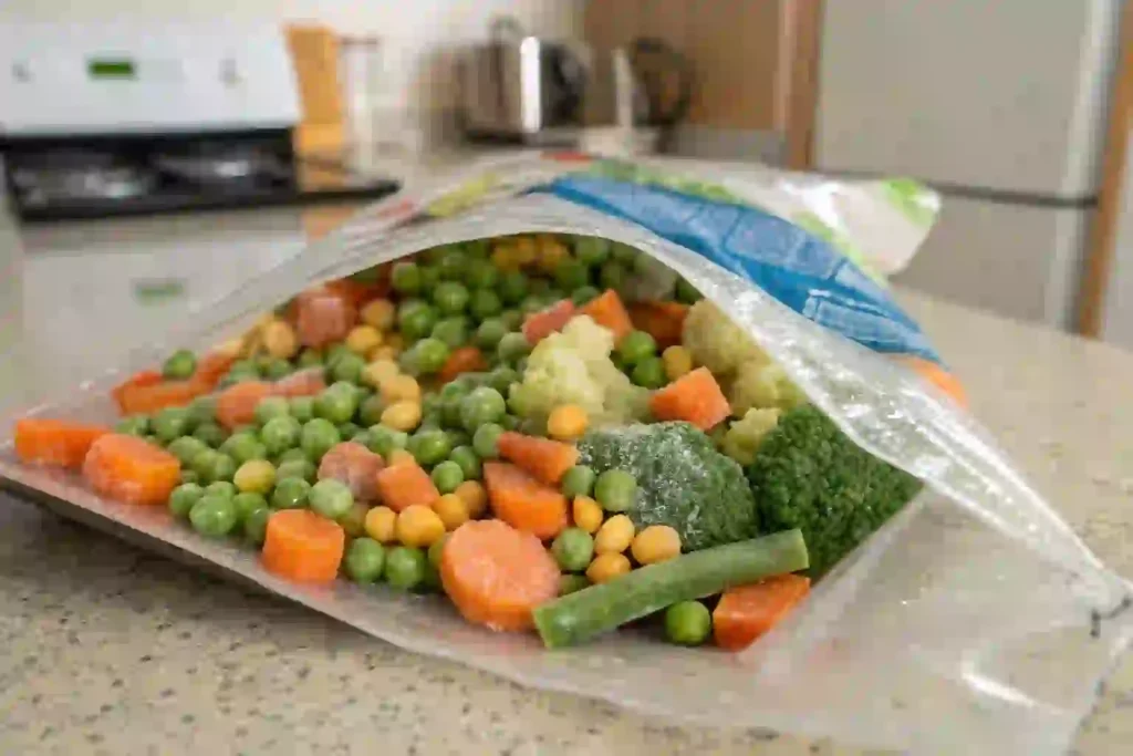 Open bag of frozen mixed vegetables on a kitchen counter