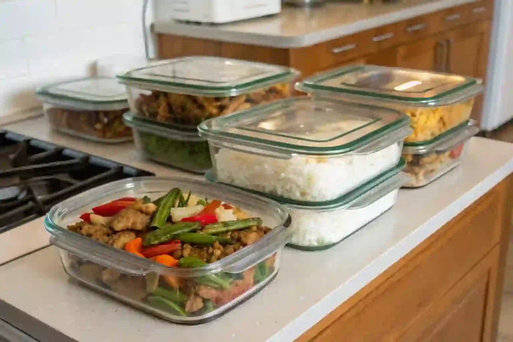 “Prepared leftovers stored in glass containers on a kitchen counter”