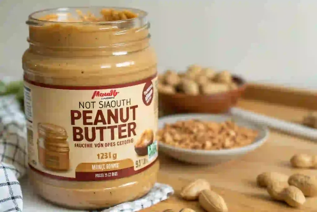 Jar of natural peanut butter on a kitchen table with peanuts around