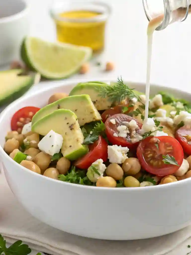 Chickpea feta avocado salad with cherry tomatoes and fresh herbs, drizzled with lemon olive oil dressing in a white bowl.