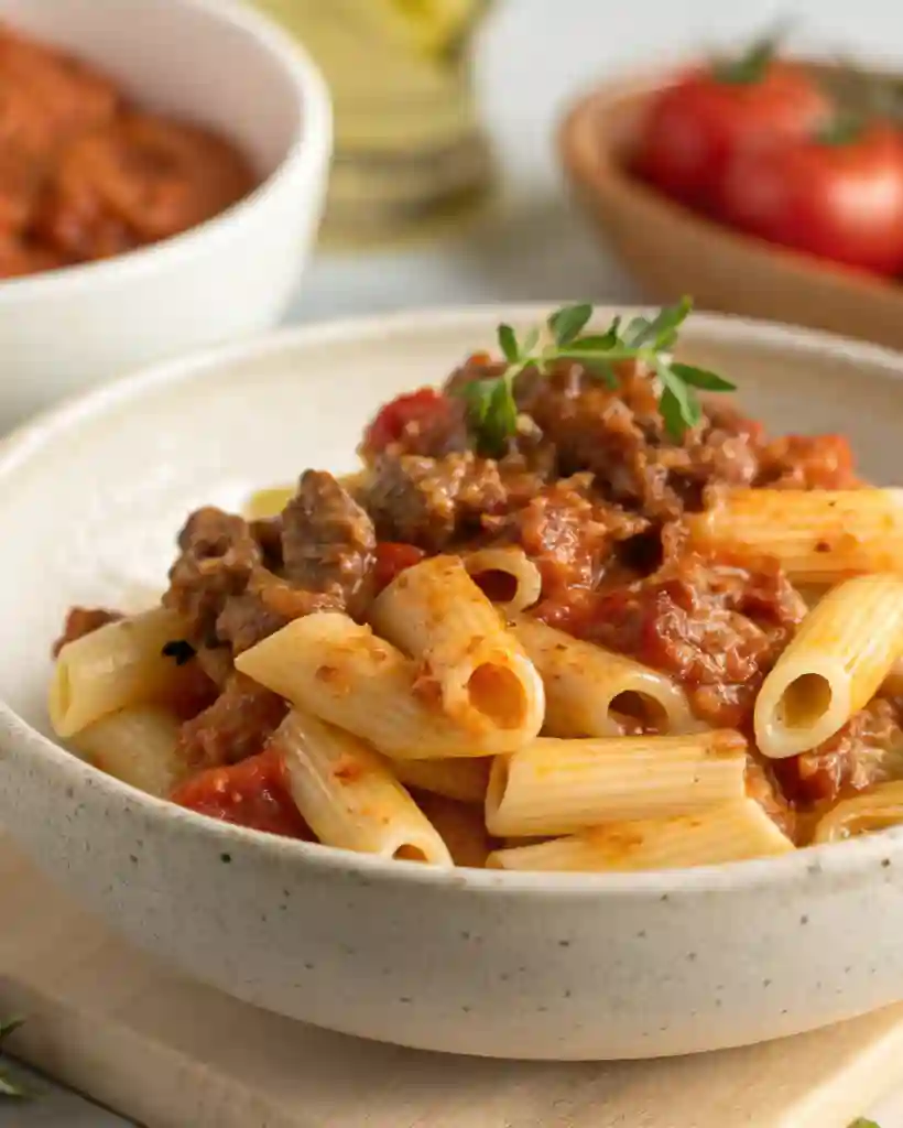 Close-up of penne pasta with ground beef in a creamy red tomato sauce served in a ceramic bowl
