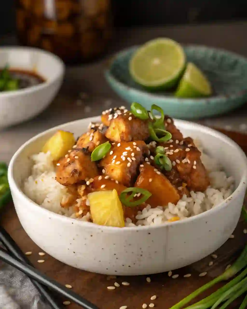 Glazed pineapple chicken with white rice, lime, and sesame seeds in a white bowl