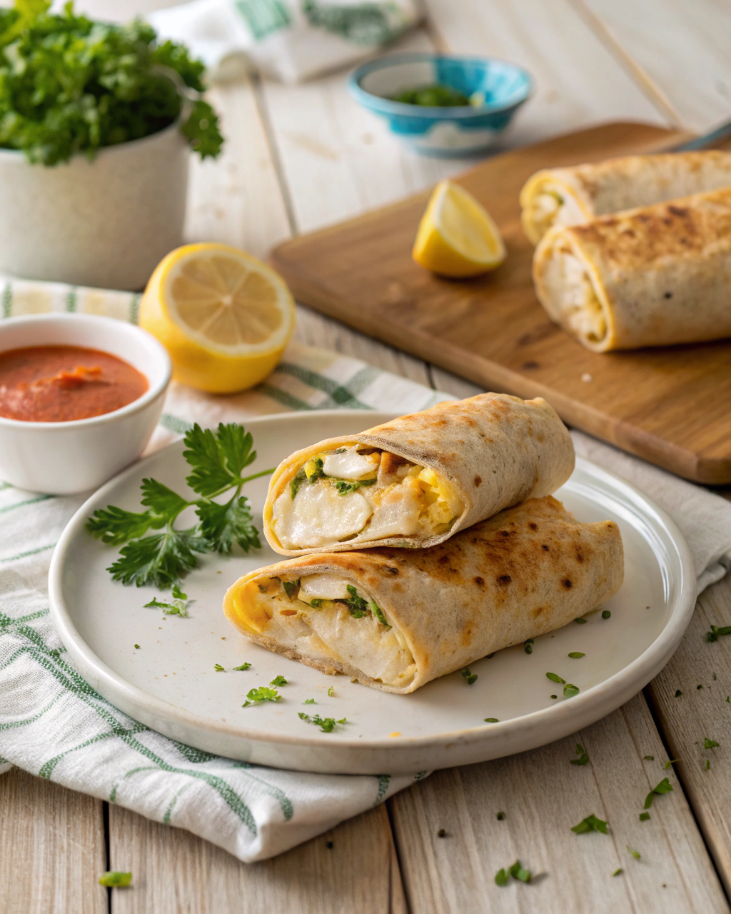 Golden cheesy garlic chicken wrap sliced in half on a white plate, served with fresh parsley, lemon, and dipping sauce on a rustic wooden table.