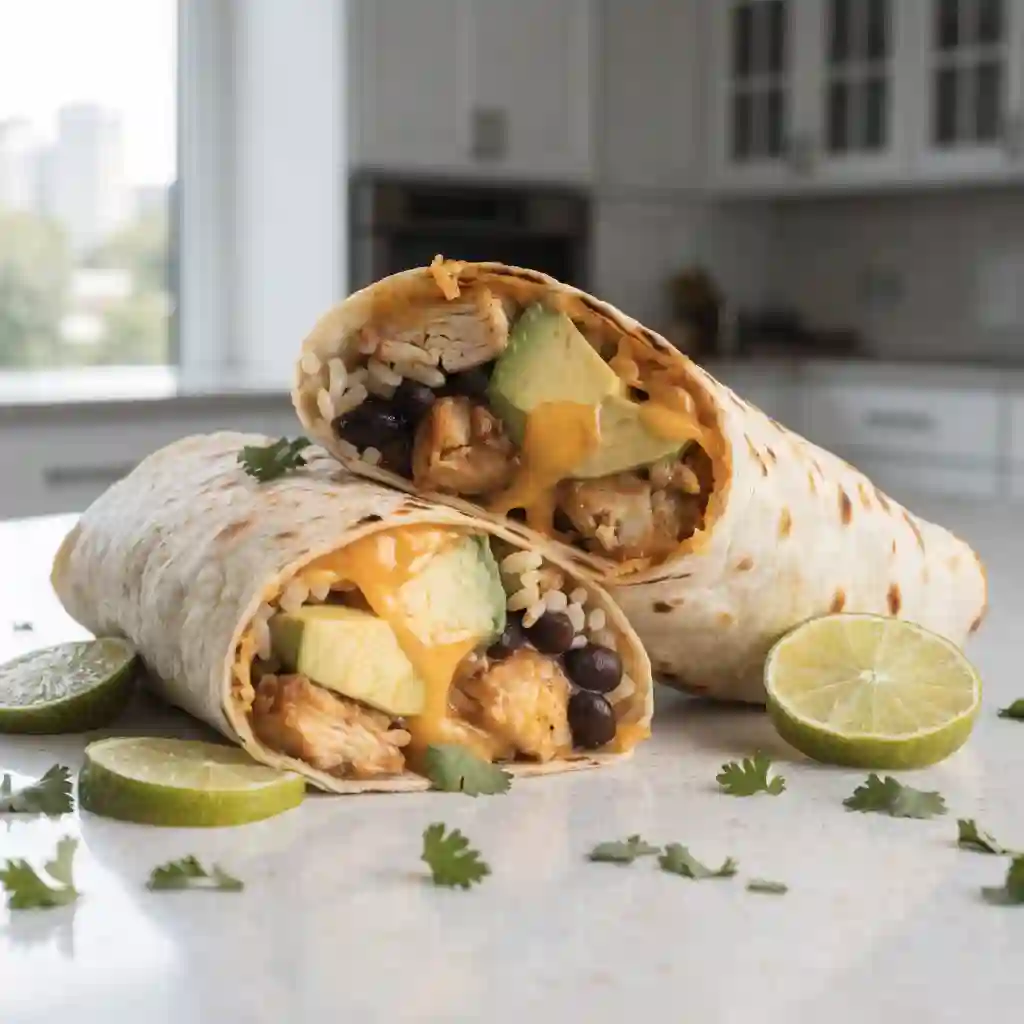 Chicken avocado burrito cut open with black beans, rice, melted cheese, and lime on the side