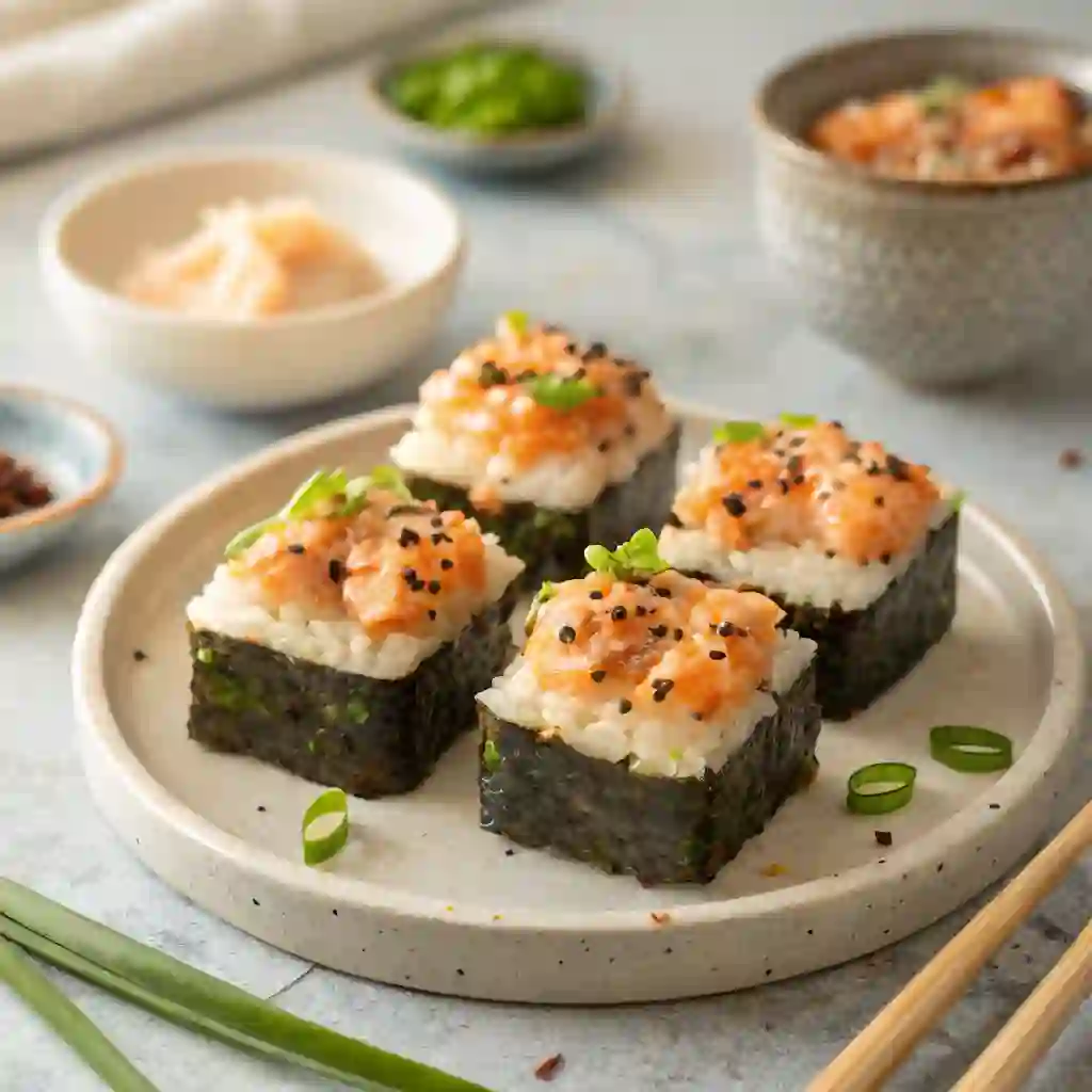 Spicy salmon sushi bake bites served on roasted nori sheets with seasoned rice, creamy salmon topping, sesame seeds, and green onions on a ceramic plate