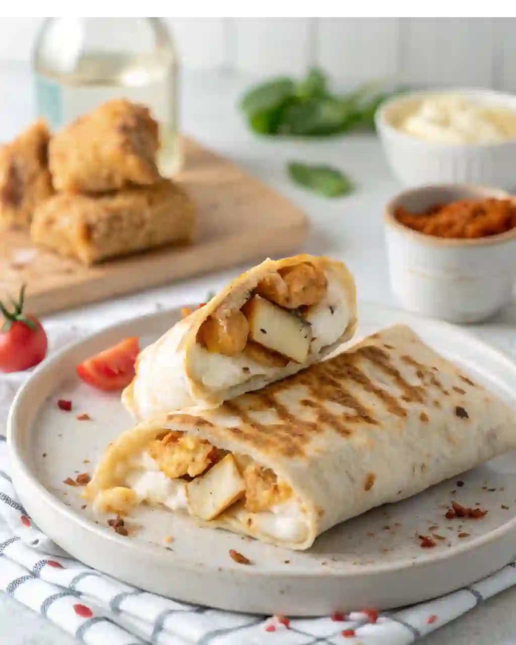 Crispy air fryer chicken and mozzarella wrap cut in half on a plate