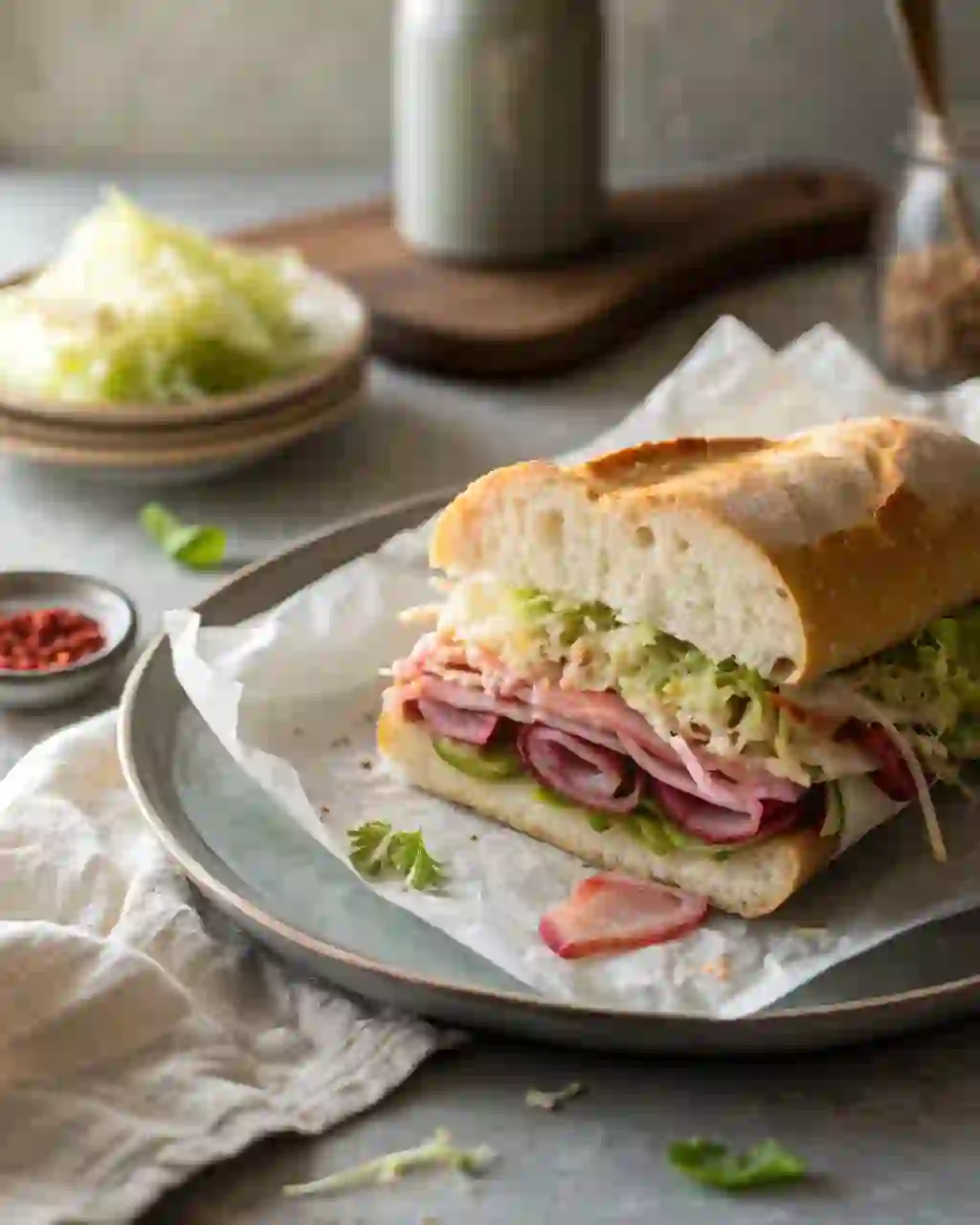 Italian grinder salad sandwich on a plate with crusty hoagie bread and creamy lettuce filling