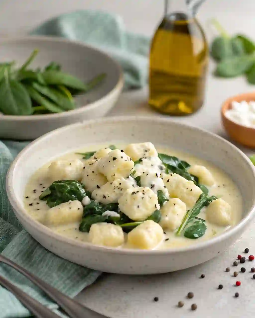 Creamy gnocchi with spinach and feta in a light cream sauce, served warm in a shallow bowl