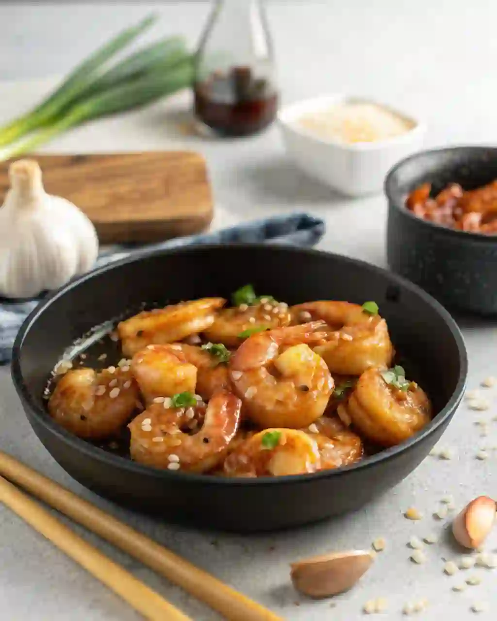 Honey garlic shrimp cooked in a skillet with glossy sauce and garlic