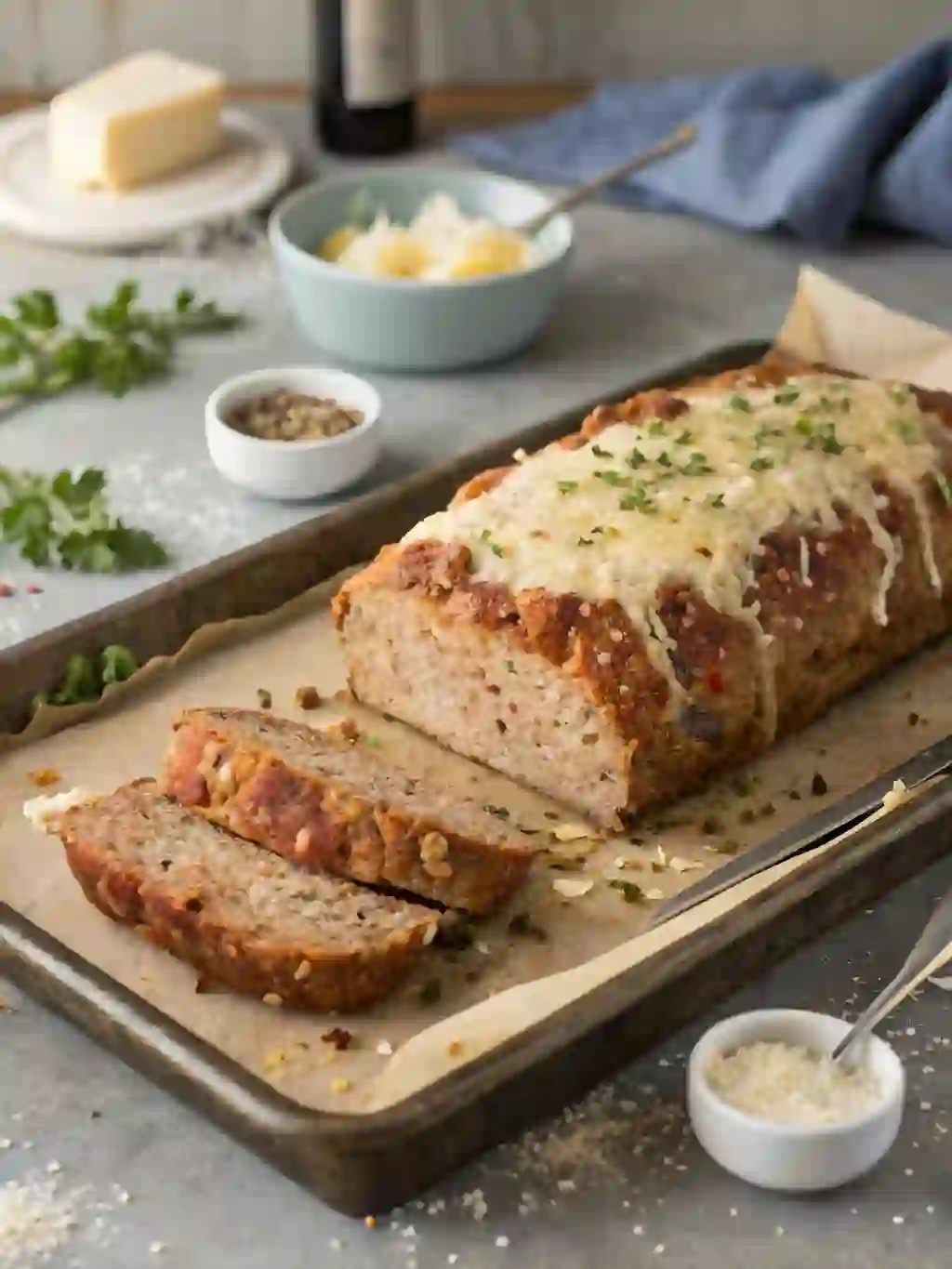 Garlic parmesan meatloaf baked free-form on a sheet pan, sliced to show the juicy inside.