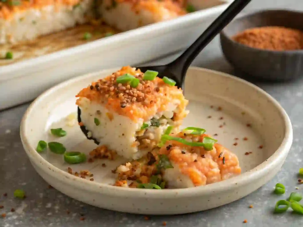 Spicy salmon sushi bake