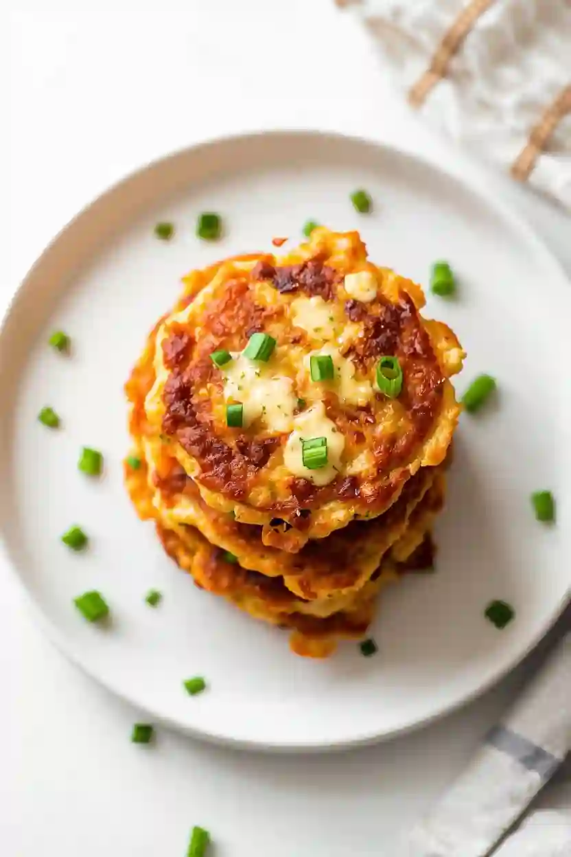 Crispy chicken fritters stacked on a white plate with melted cheese and green onions