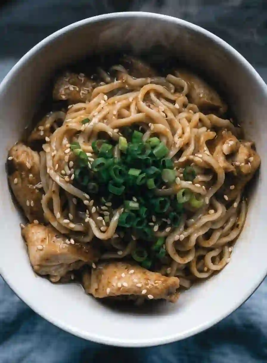 Overhead close-up of saucy ramen noodles with tender chicken pieces, sesame seeds, and chopped green onions in a white bowl.