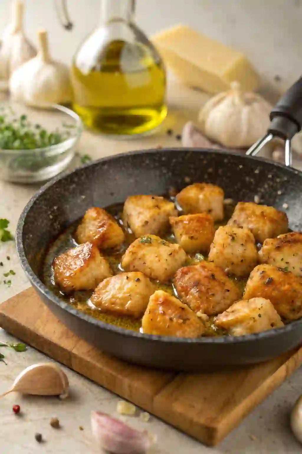 Garlic butter chicken bites cooking in a skillet, golden chicken pieces sizzling in butter with garlic