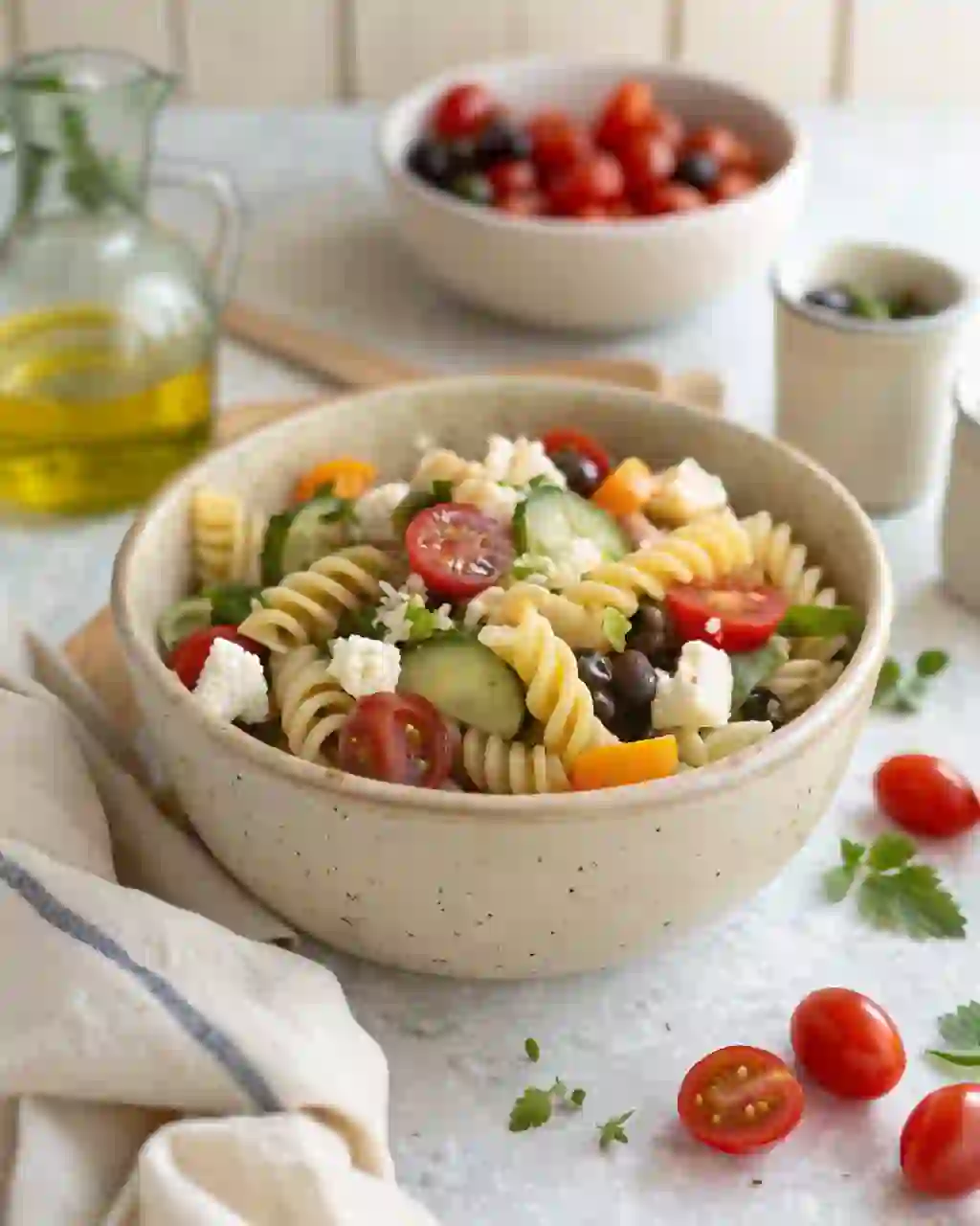 Homemade pasta salad in a ceramic bowl with rotini pasta, cherry tomatoes, cucumber, olives, and feta cheese on a light kitchen counter