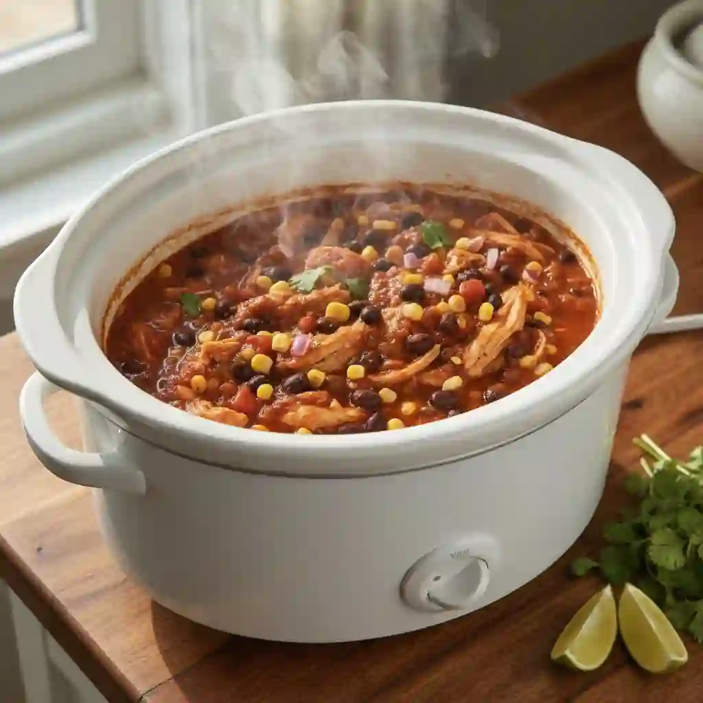 Slow cooker filled with shredded chicken, black beans, corn, salsa, and warm spices for an easy healthy crockpot dinner.